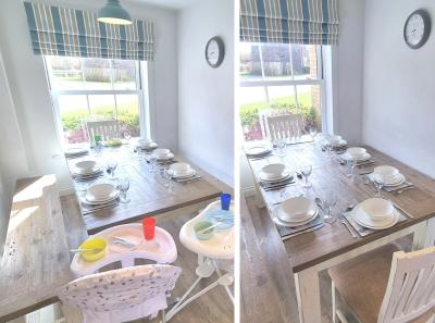 The dining area can seat eight adults or seven adults + two highchairs